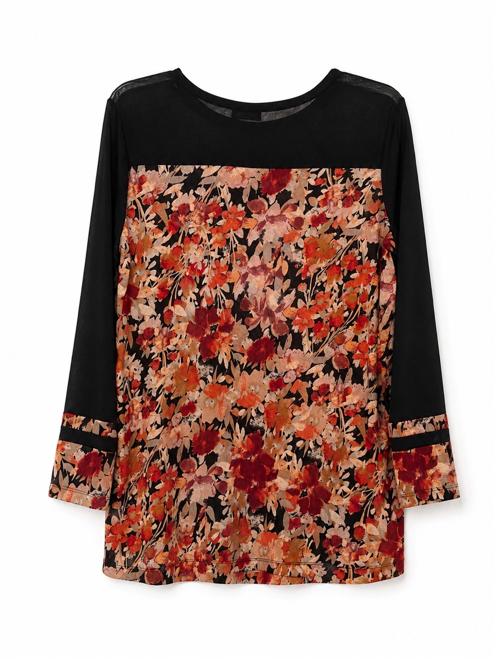 LOGO Layers by Lori Goldstein 1X Floral Sheer Mesh Tunic Top Black Pink Orange - Picture 3 of 15